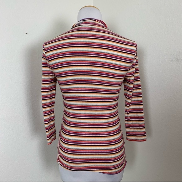 Express One Eleven Striped Ribbed Zip Neck Top 3/4 Sleeves Retro Size XS - Picture 6 of 16